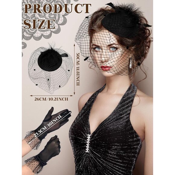 Women’s 50s Fascinators Feather Pillbox Hat Lace Gloves for Weddings Parties - Picture 3 of 7